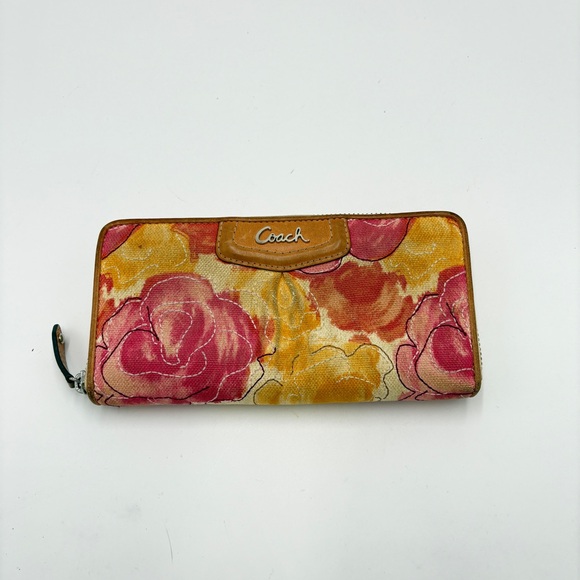 Coach Handbags - Vtg Y2K Coach Ashley Floral Watercolor Embroidered Zip Around Wallet Yellow Pink